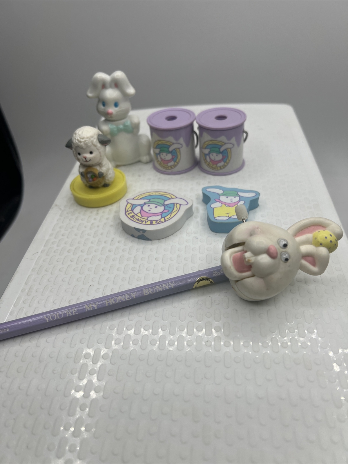 Vintage Easter E Bunny Co Pencil Sharpener Lot Erasers Wind Up Stamp Egg