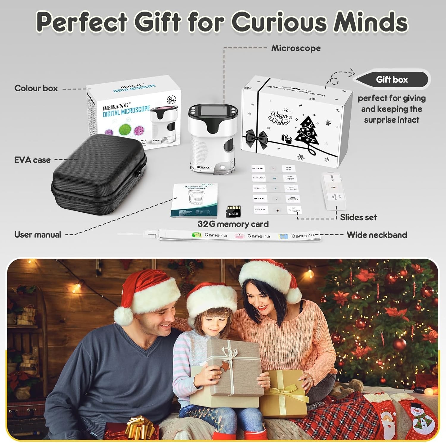 Portable 1000X Digital Microscope Kids 4K 2" Screen Rechargeable w/Slides Gift
