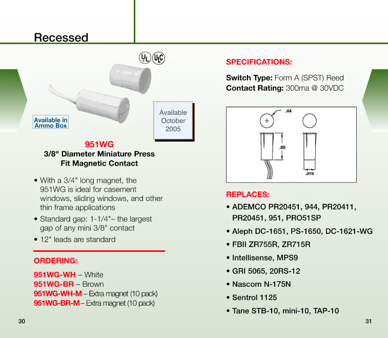 Honeywell 951WG-WH - 3/8 in Diameter Miniature Press Fit Magnetic Contact, White