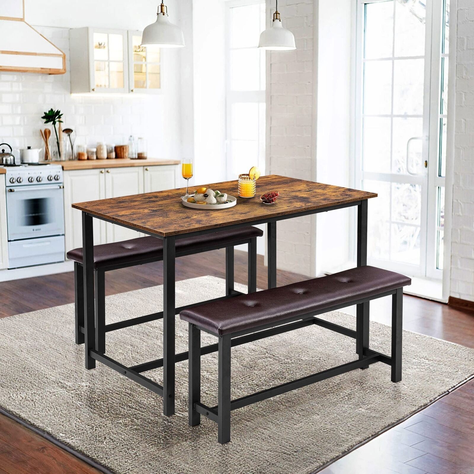 3Pcs Kitchen Dining Table Set with Wood Thicken Table and 2 Upholstered Benches