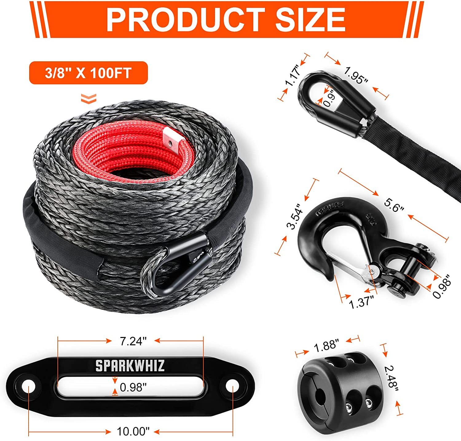 26500LBS 3/8"x100ft Synthetic Winch Rope Winch Line Cable Recovery w/ Hook Tow