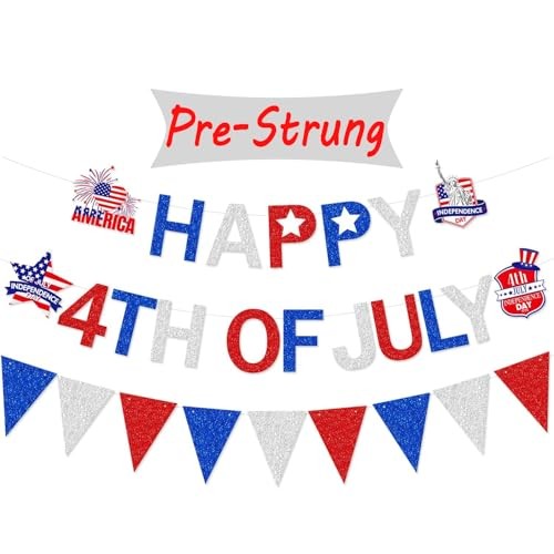 Pre-Strung Happy 4th of July Banner Decorations, Patriotic Happy Fourth of