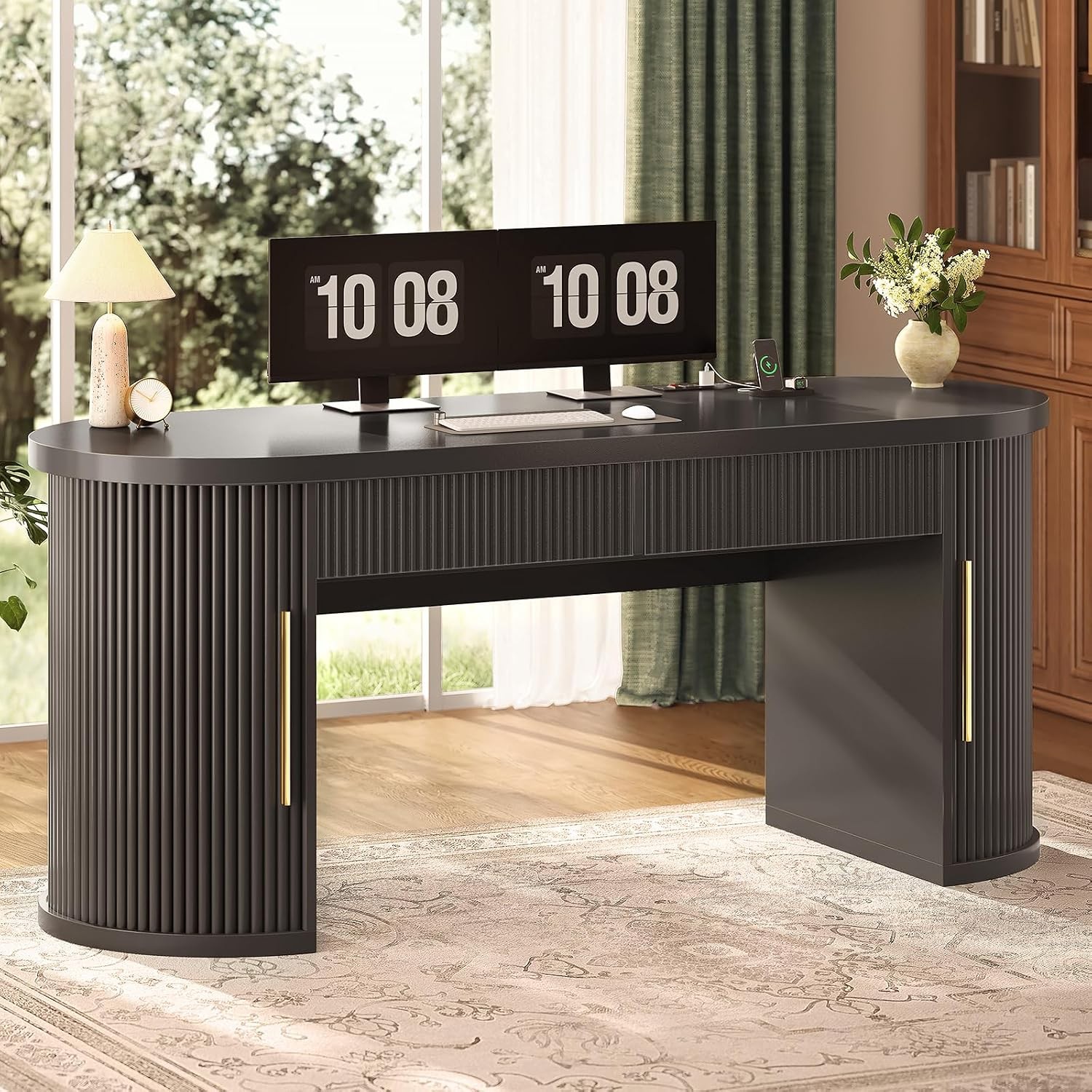 58.3" x 21.7" Fluted Office Executive Desk W/ 2 Drawers Storage Black Long