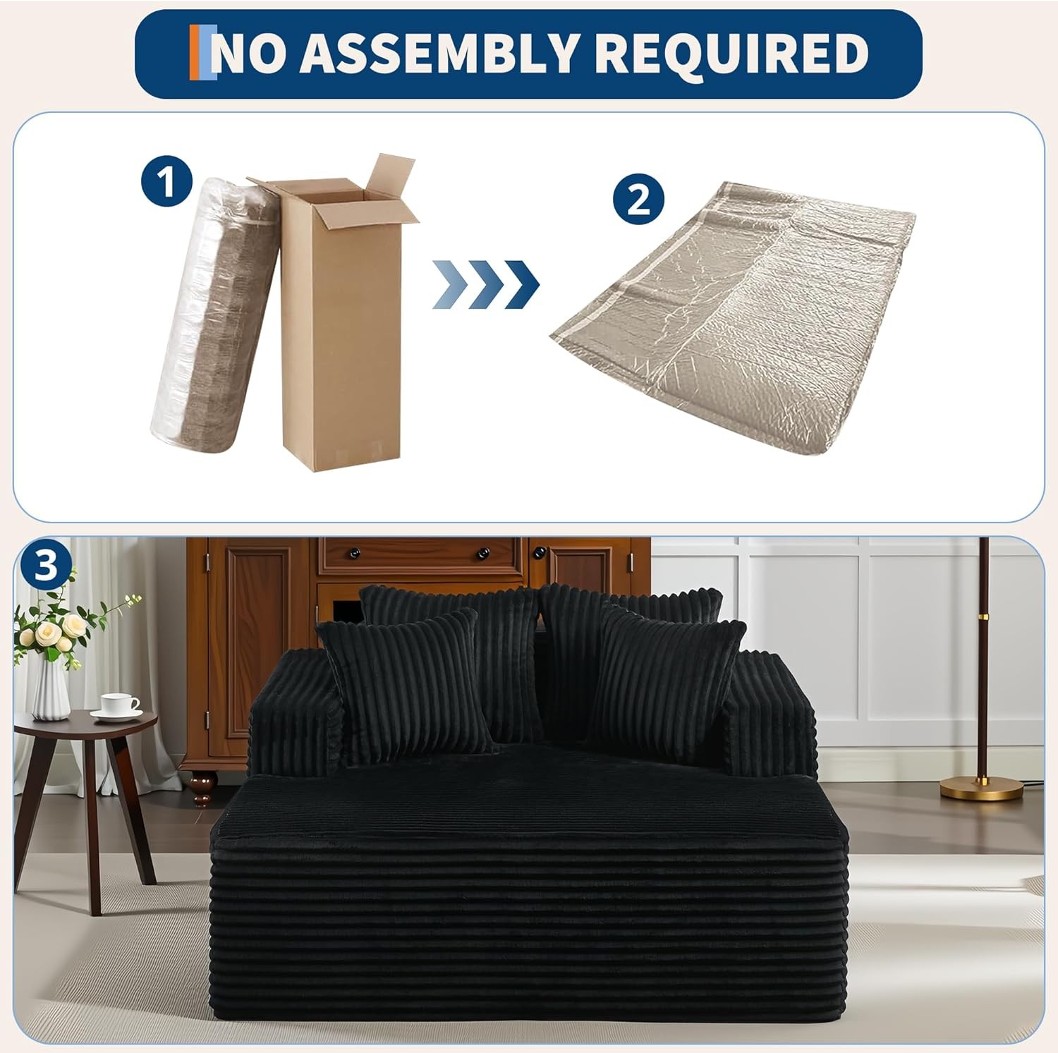 Oversized Corduroy Chaise Lounge, Deep Seat Sofa w/Pillows, No Assembly