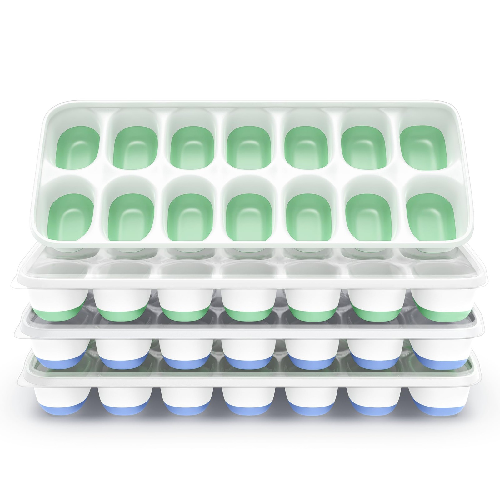 ChefAide Ice Cube Tray with Lid, 4 Pack, Mint+Space Blue 4 Pack