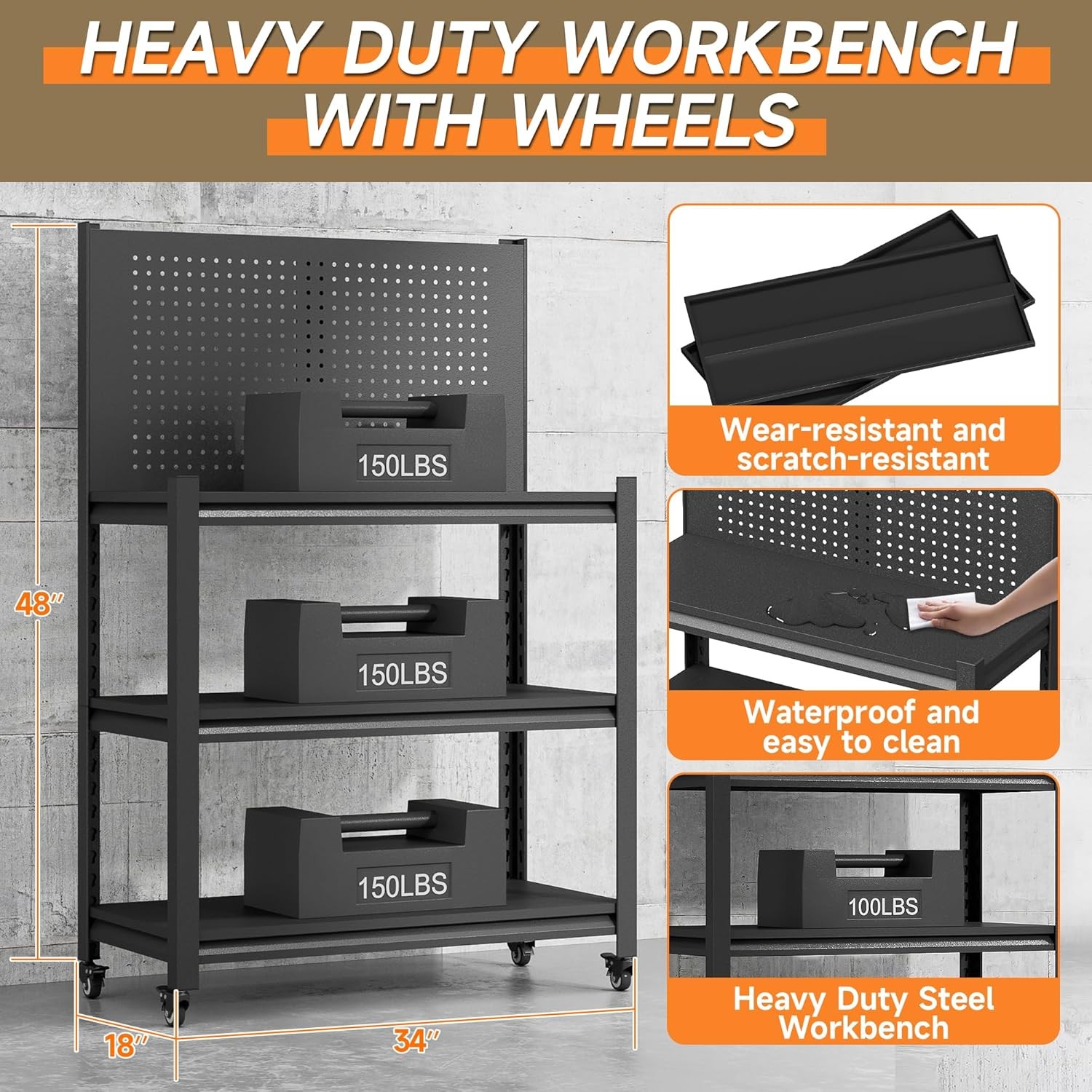 Workbench with Pegboard, Adjustable Heavy Duty Work Table with Wheels, Black