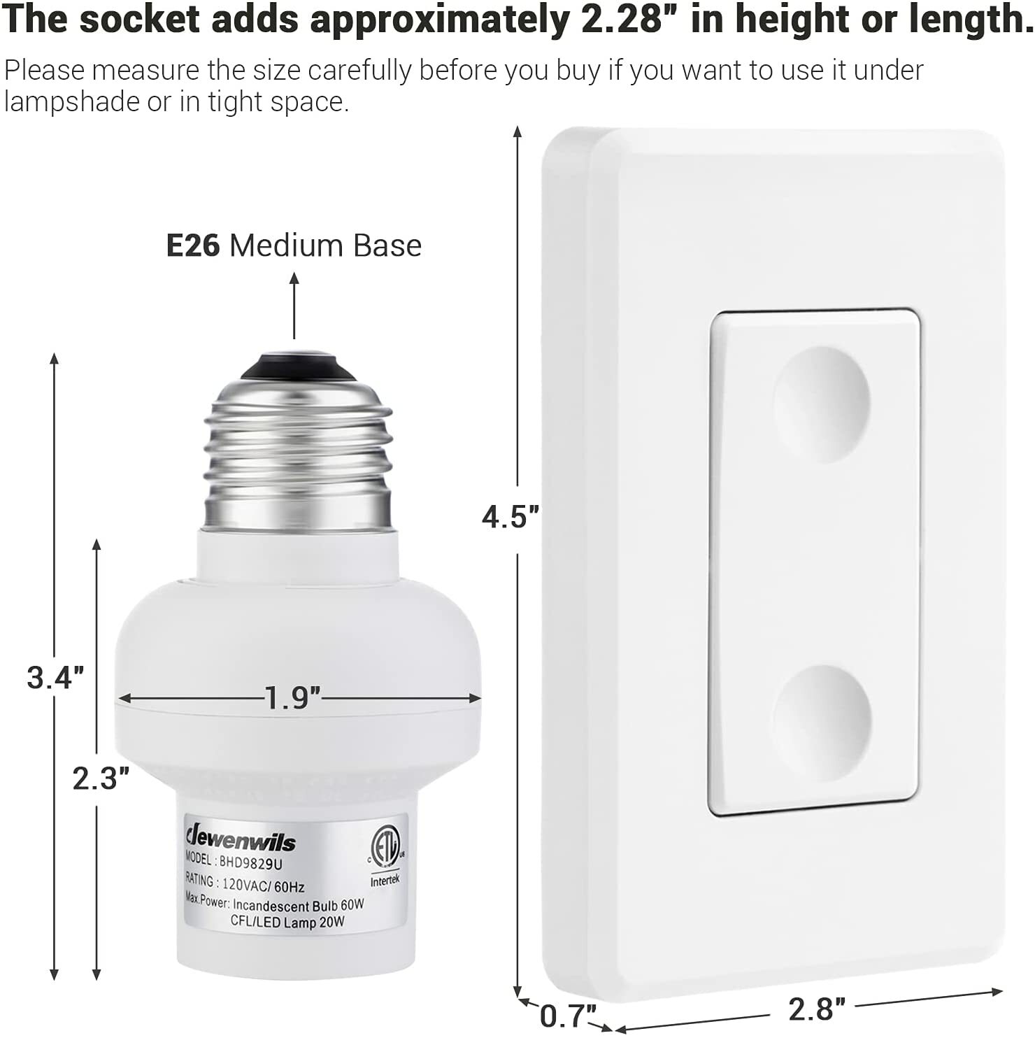 DEWENWILS Remote Control Light Socket 2 Wall Mounted Controllers and 1 Bulb Base