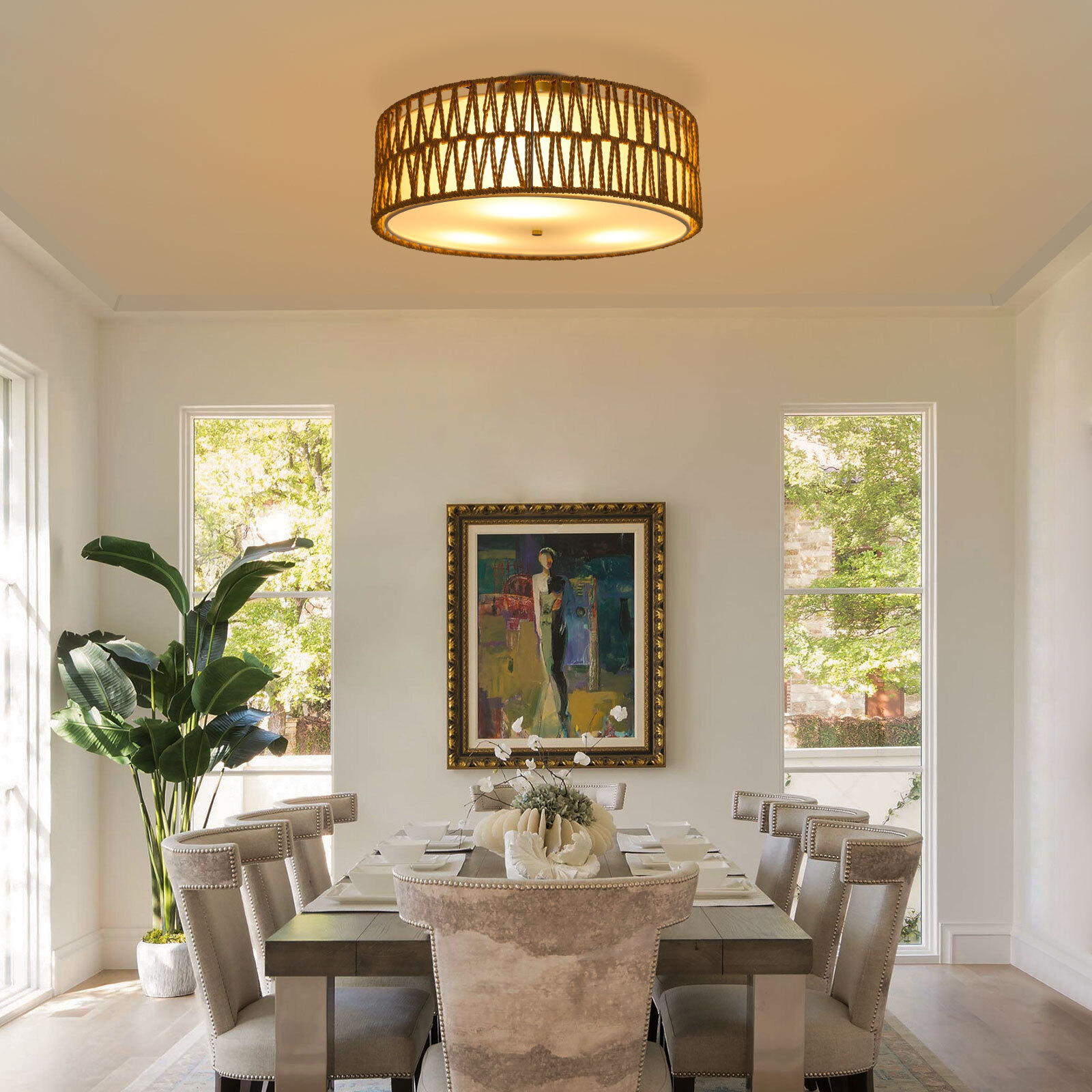 17.7" Semi Flush Mount Ceiling Light 3-Light Large Boho Flush Mount Ceiling Ligh