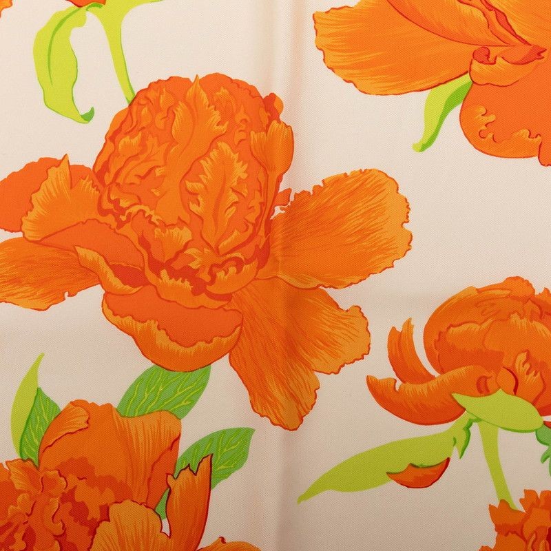 Hermès Carre 90 Les Pivoines Scarf White Orange Silk Ladies