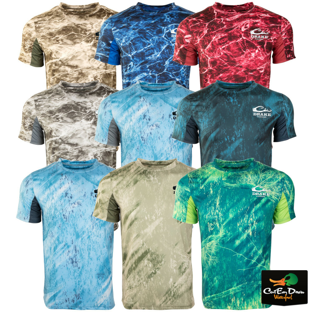 NEW DRAKE PERFORMANCE FISHING SHIELD 4 CAMO MESH BACK CREW NECK S/S SHIRT