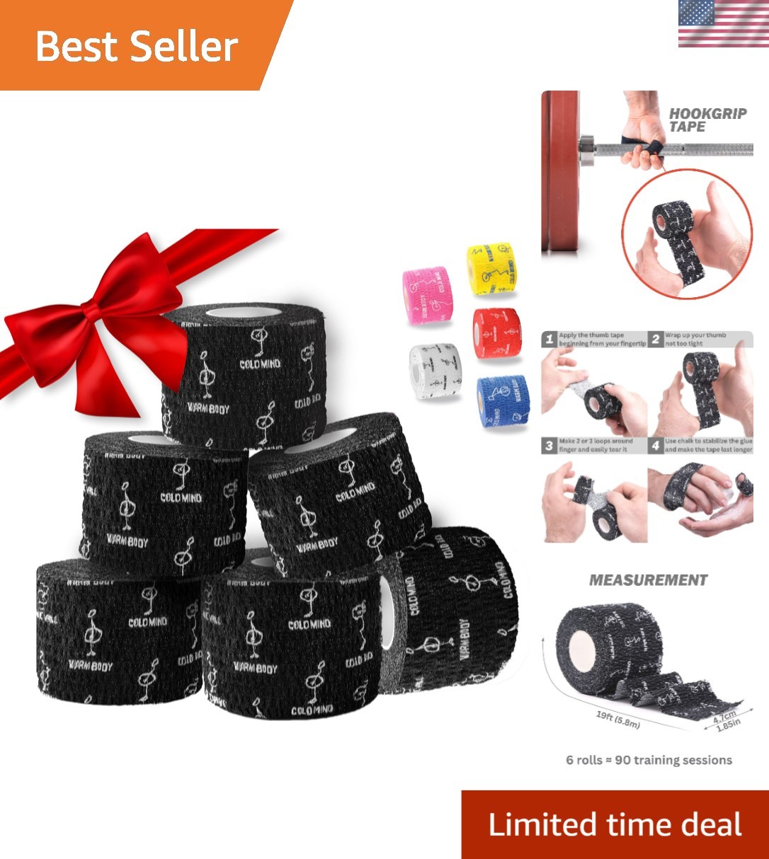 1.85" Hook Grip Weightlifting Thumb Wraps - Professional 6 Rolls for Athletes