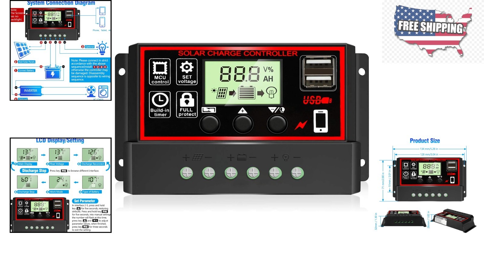 30A PWM Solar Charge Controller with Dual USB & LCD Display for 12V/24V Systems