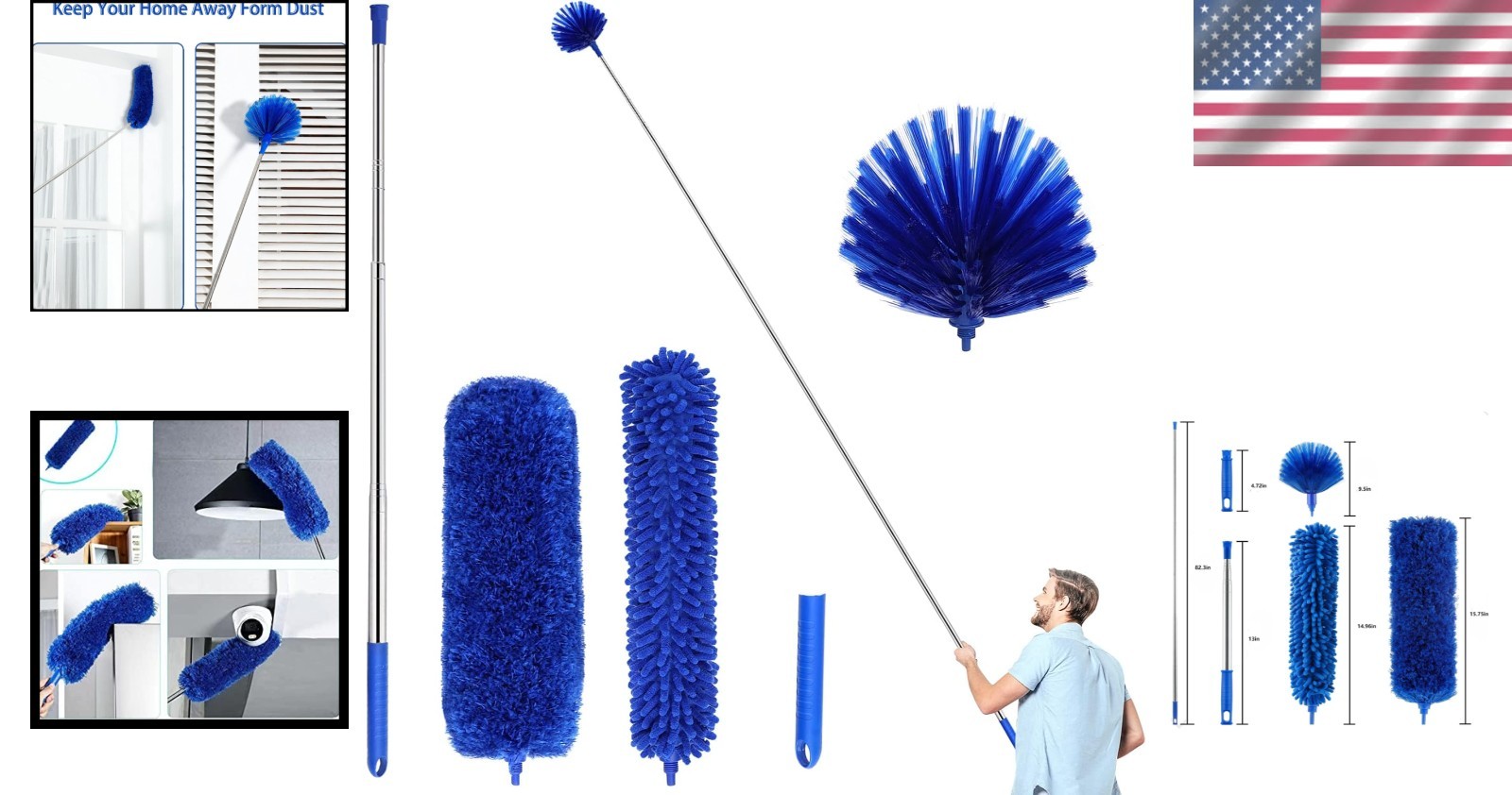 Professional Cleaning Microfiber Duster Set - Telescopic, Washable, 5 Color Blue