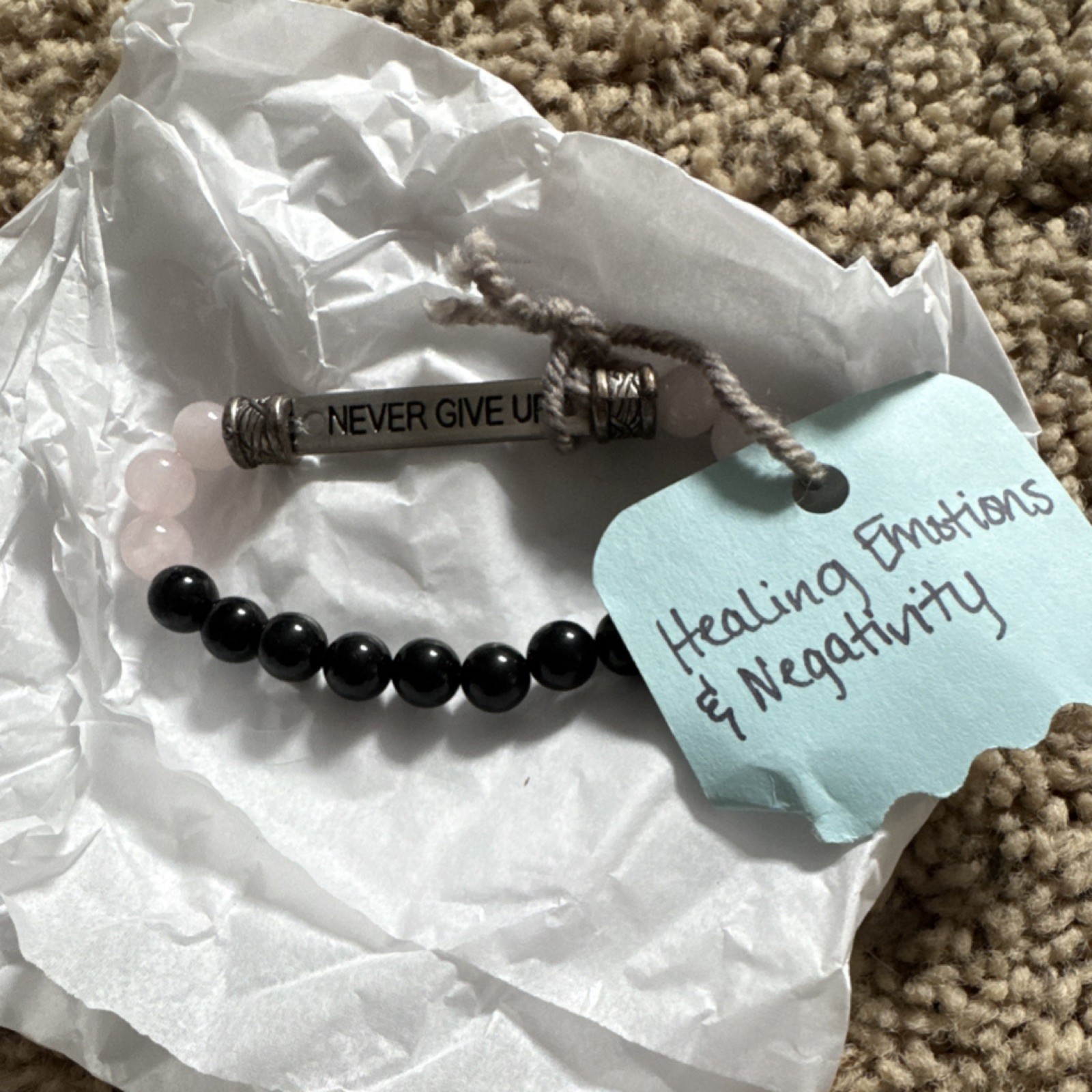 Beaded Obsidian Rose Quartz Bracelet Engraved Never Give Up Charm