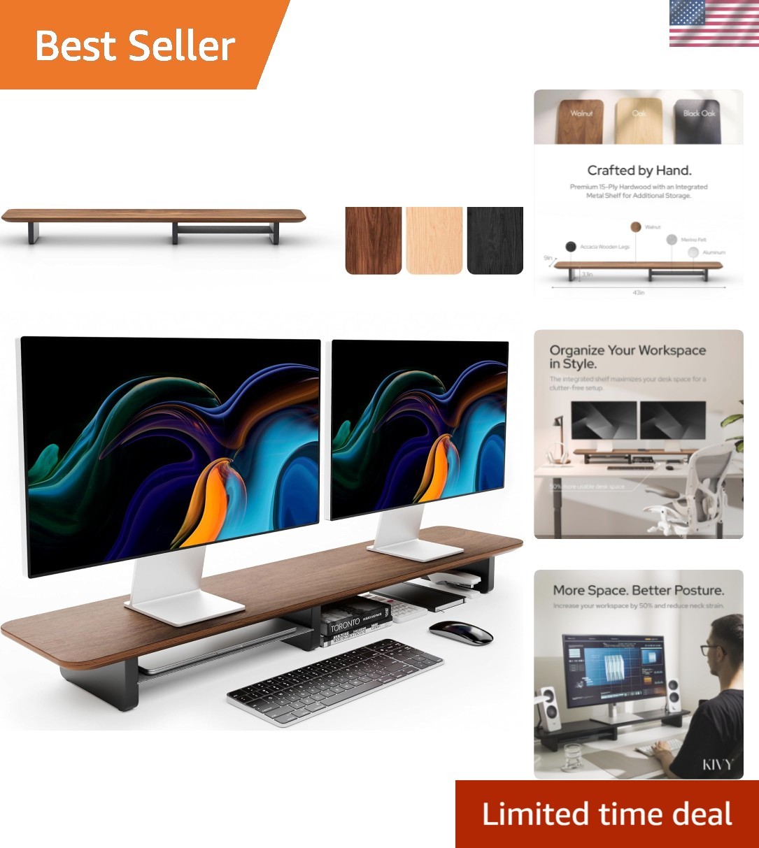Dual Monitor Riser with Integrated Metal Shelf - Wooden desk shelf for top of...