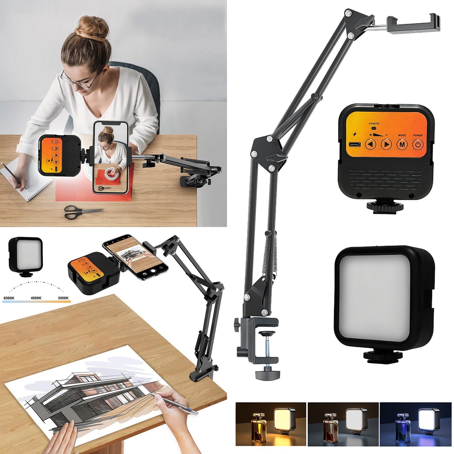 Phone Holders Stand Mount w/ LED Light for Desk Bedside Video Record Live Stream