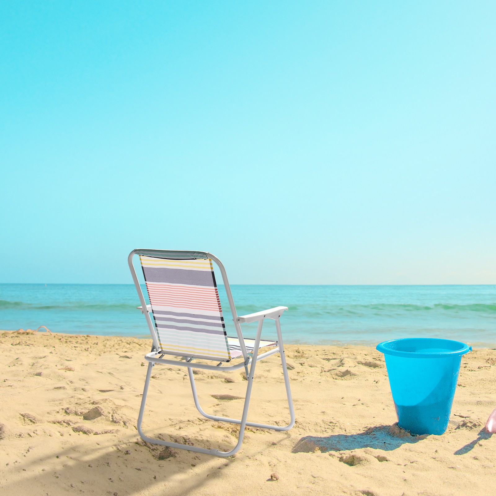 Folding Beach Chair w/ High Back Hard Armrest, Colorful Stripes