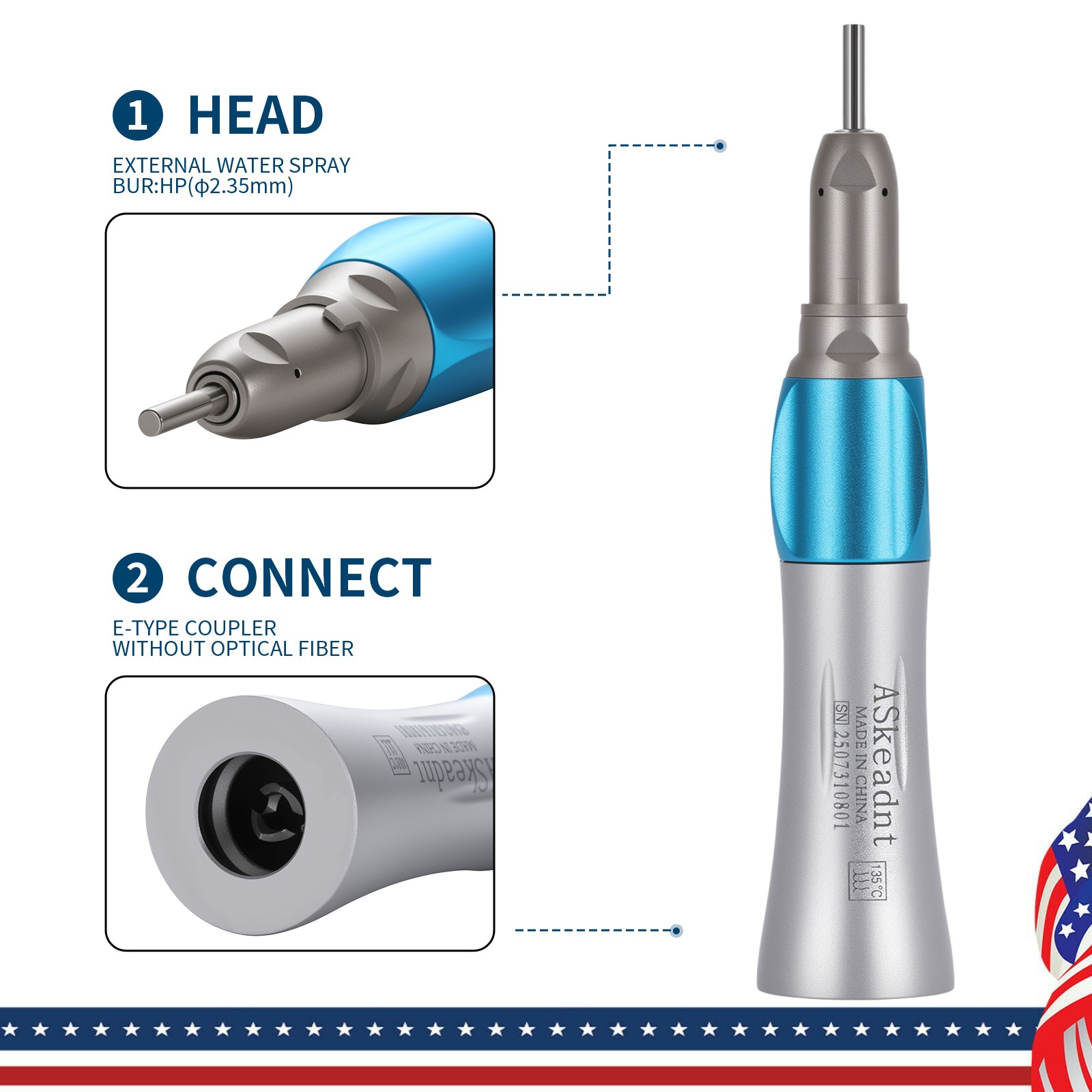 Dental Slow Low Speed Handpiece Straight Nose Cone E-TYPE AS