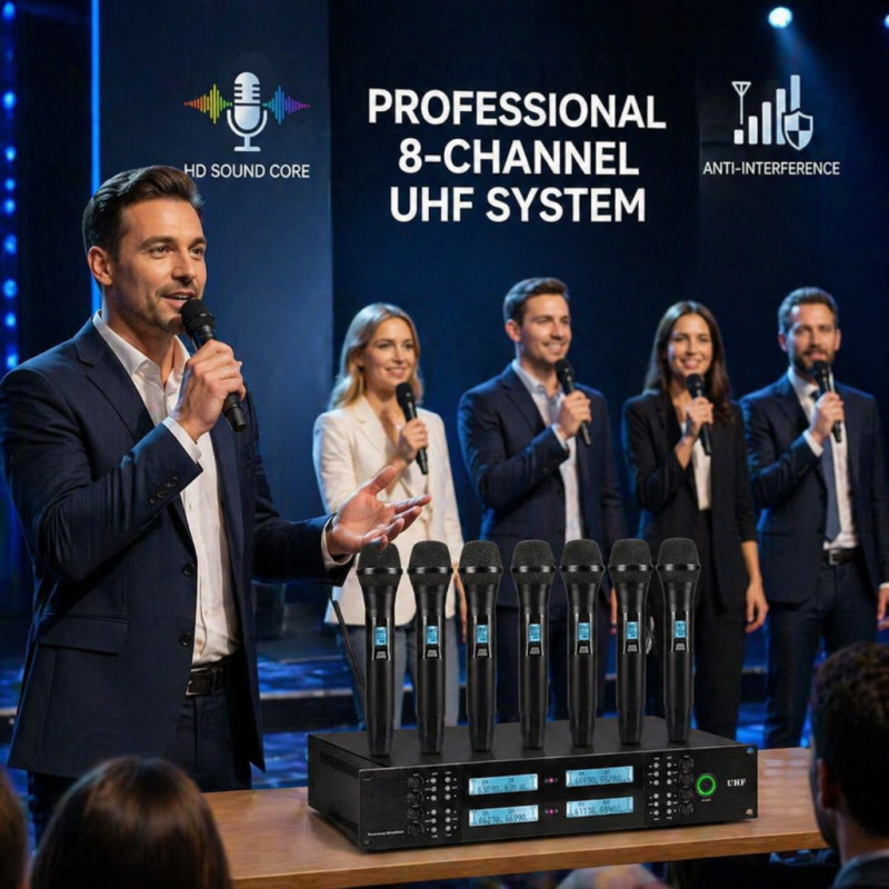 Professional 8-channel UHF wireless handheld microphone system