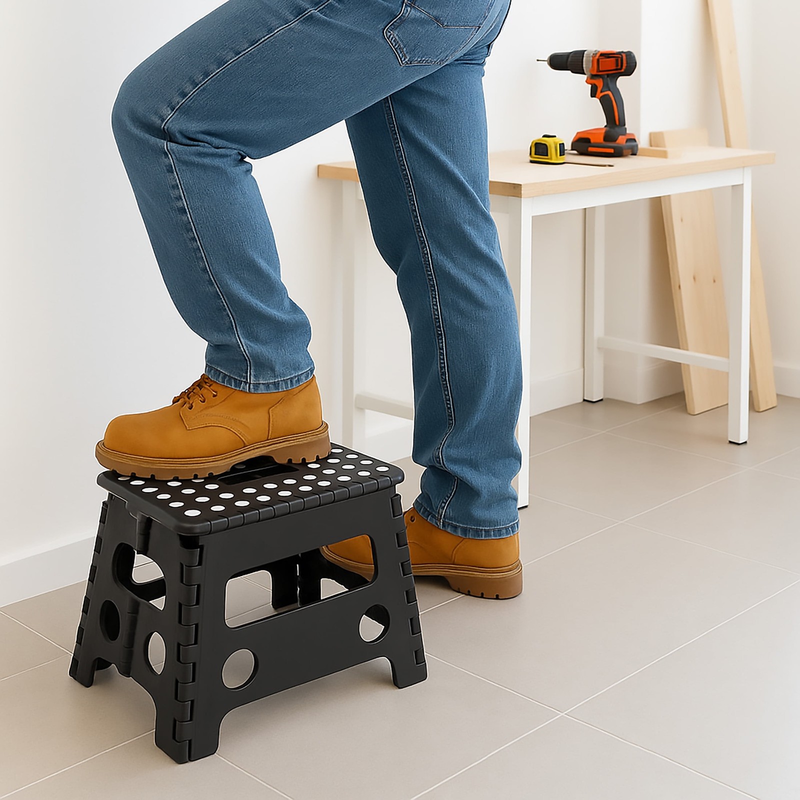 Core Pacific Extra Wide Folding Step Stool Black 12.7 inch with Non-Slip Surface