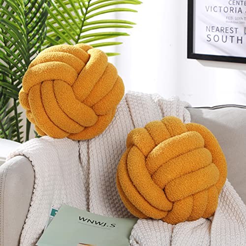2 Pcs Knot Pillows Home Decorative Round Ball Throw Plush 11 Inch Turmeric