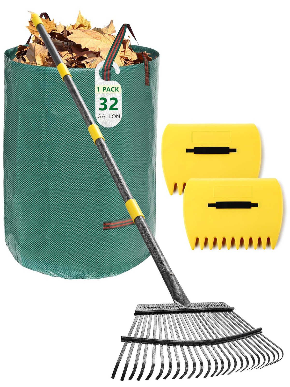 79 In Metal 25Tine Rake Leaf Scoops & 32 Gallon Yard Waste Bag Kit