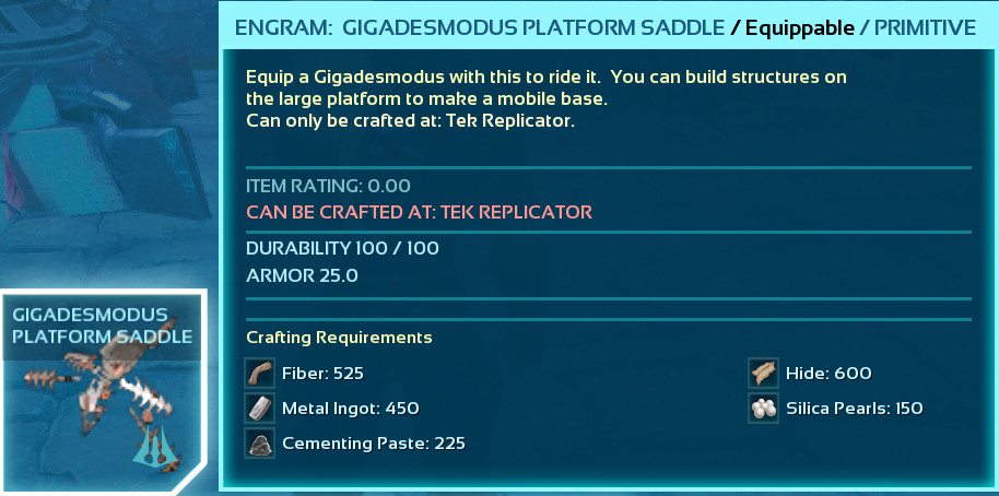 ARK ASCENDED PVE GIGADESMODUS SADDLE   PLATFORM SADDLE