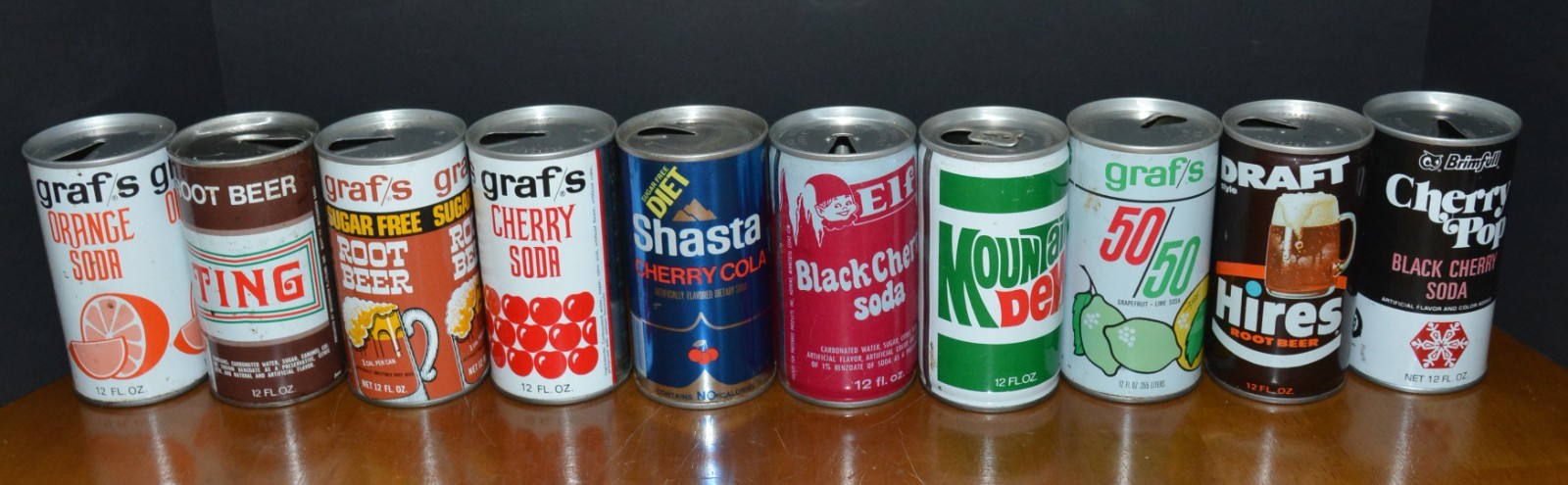 VTG Steel Soda Cans Pull Tab (10) TING Mt. Dew Brimful HIRES Graf's