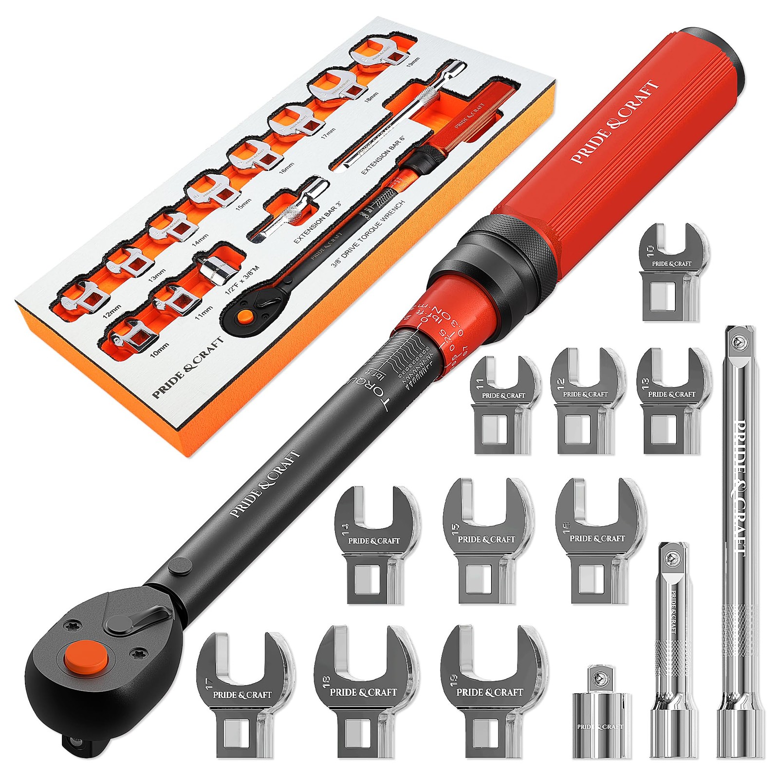 14-Piece Crowfoot Wrench Set, 3/8 Inch Drive Click Torque Wrench with Metric ...