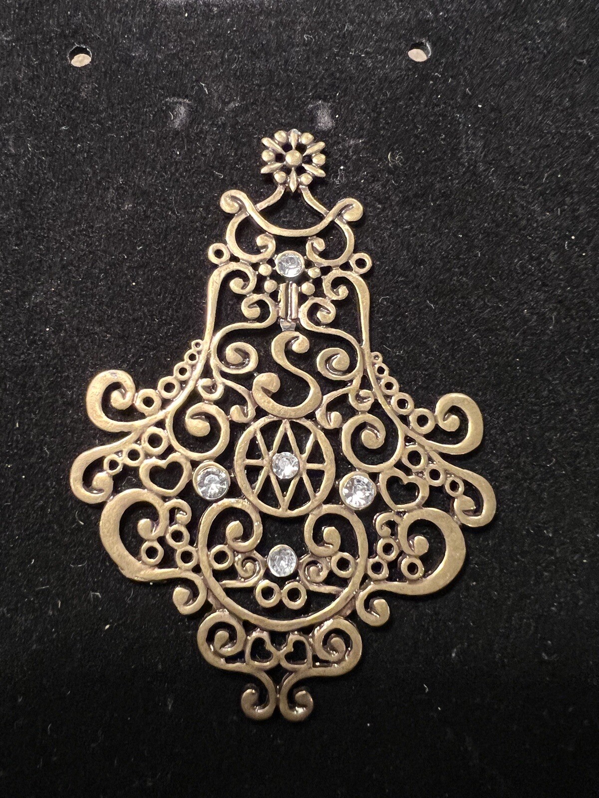Antiqued Brass Drop Pendant With Hearts And The Initial “S”