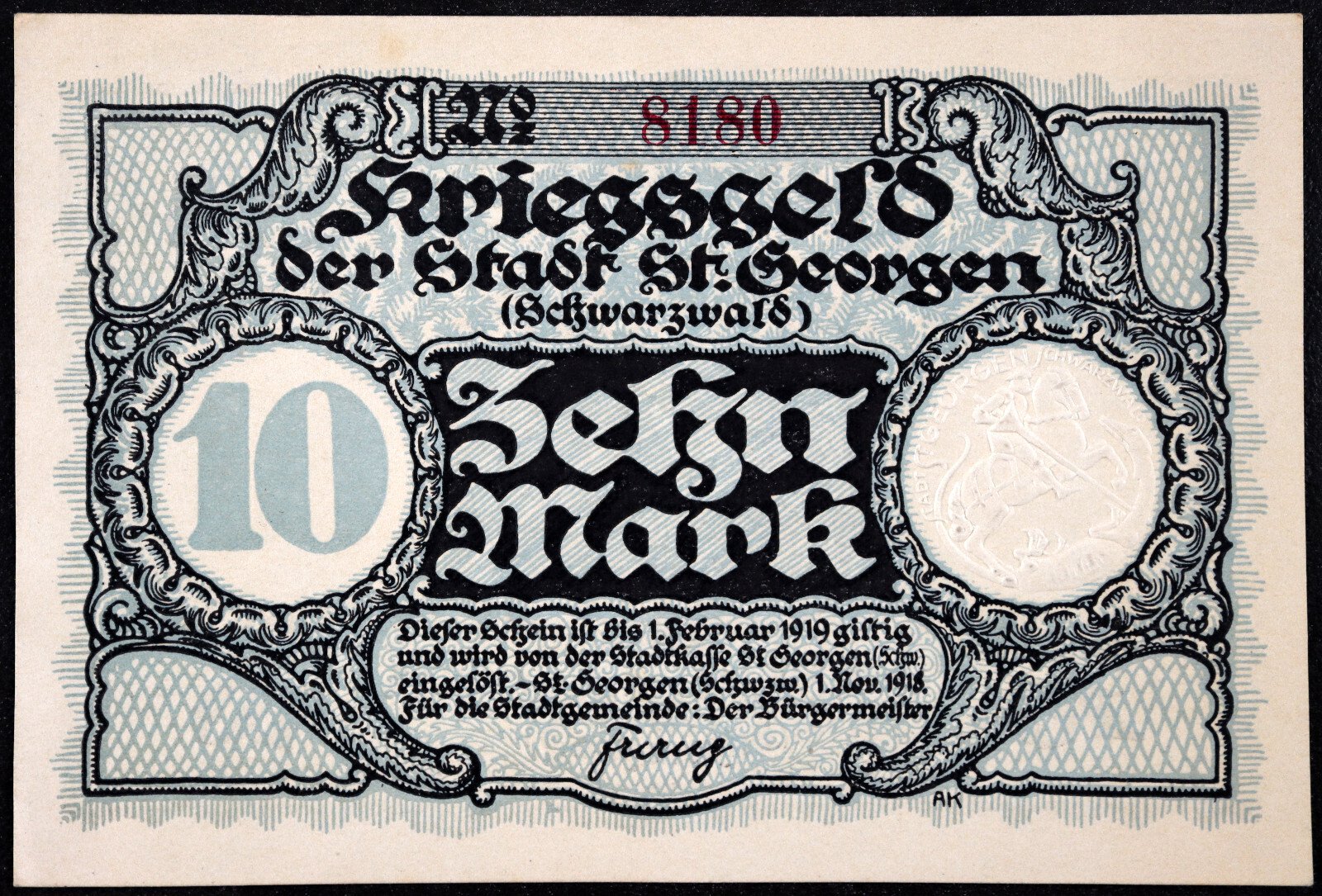ST. GEORGEN 1918 10 Mark Grossnotgeld German Notgeld Banknote