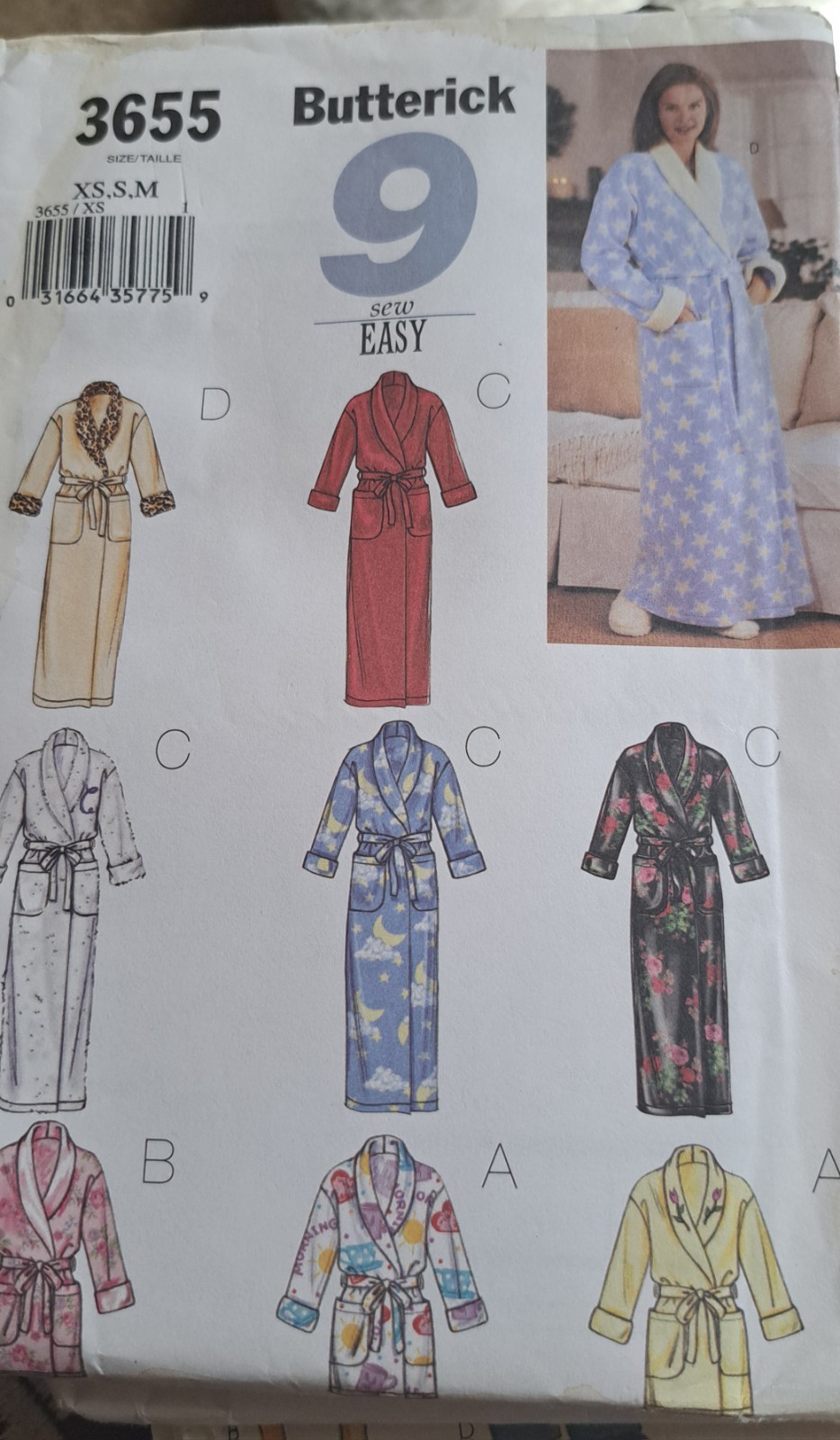 Butterick SEW Pattern 3655 Robes 9 Sew Easy Color Block Houserobe XS-M UNCUT