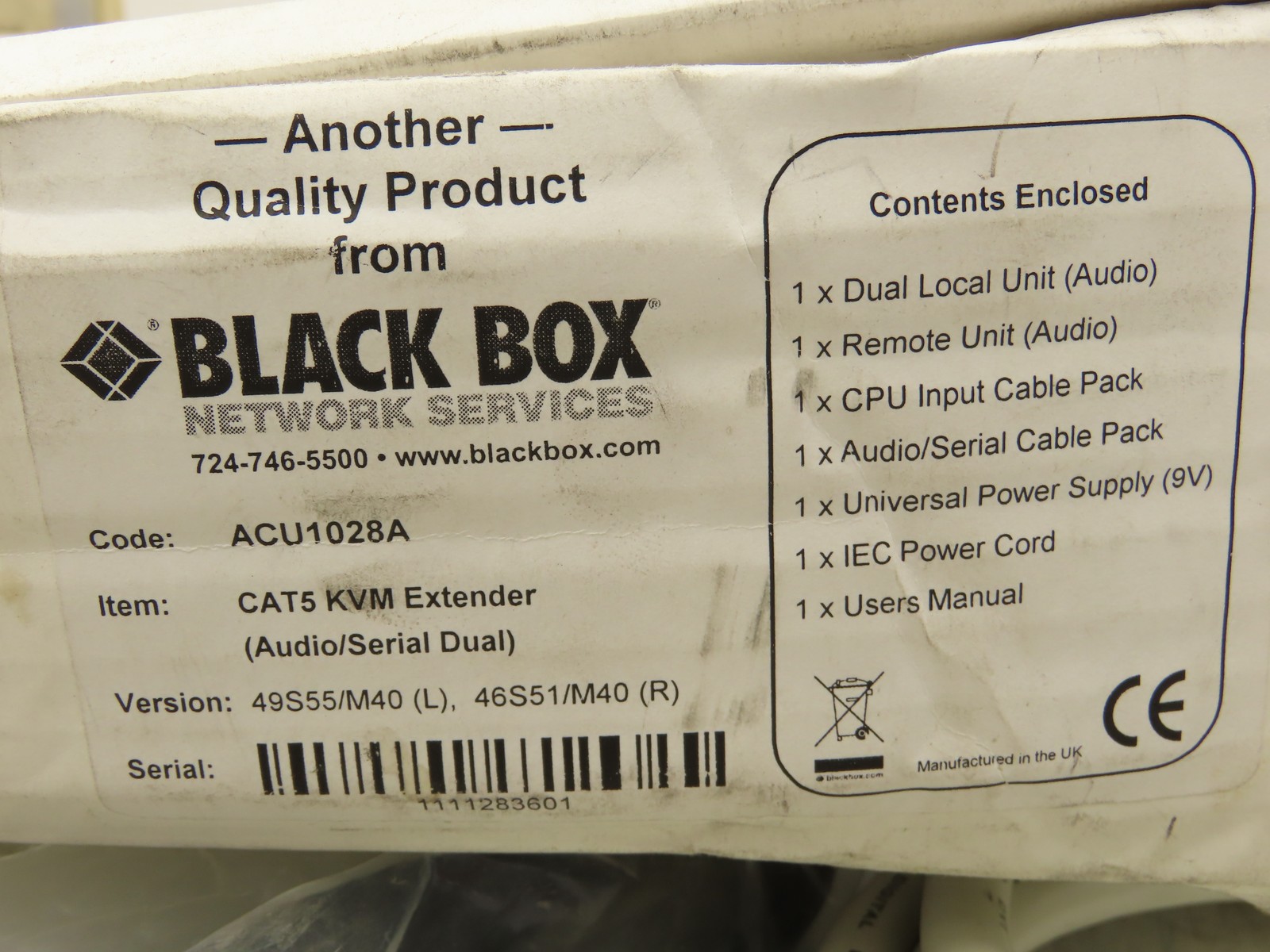 Black Box ACU1028A CAT5 KVM Extender ServSwitch Local Box Only And Cords