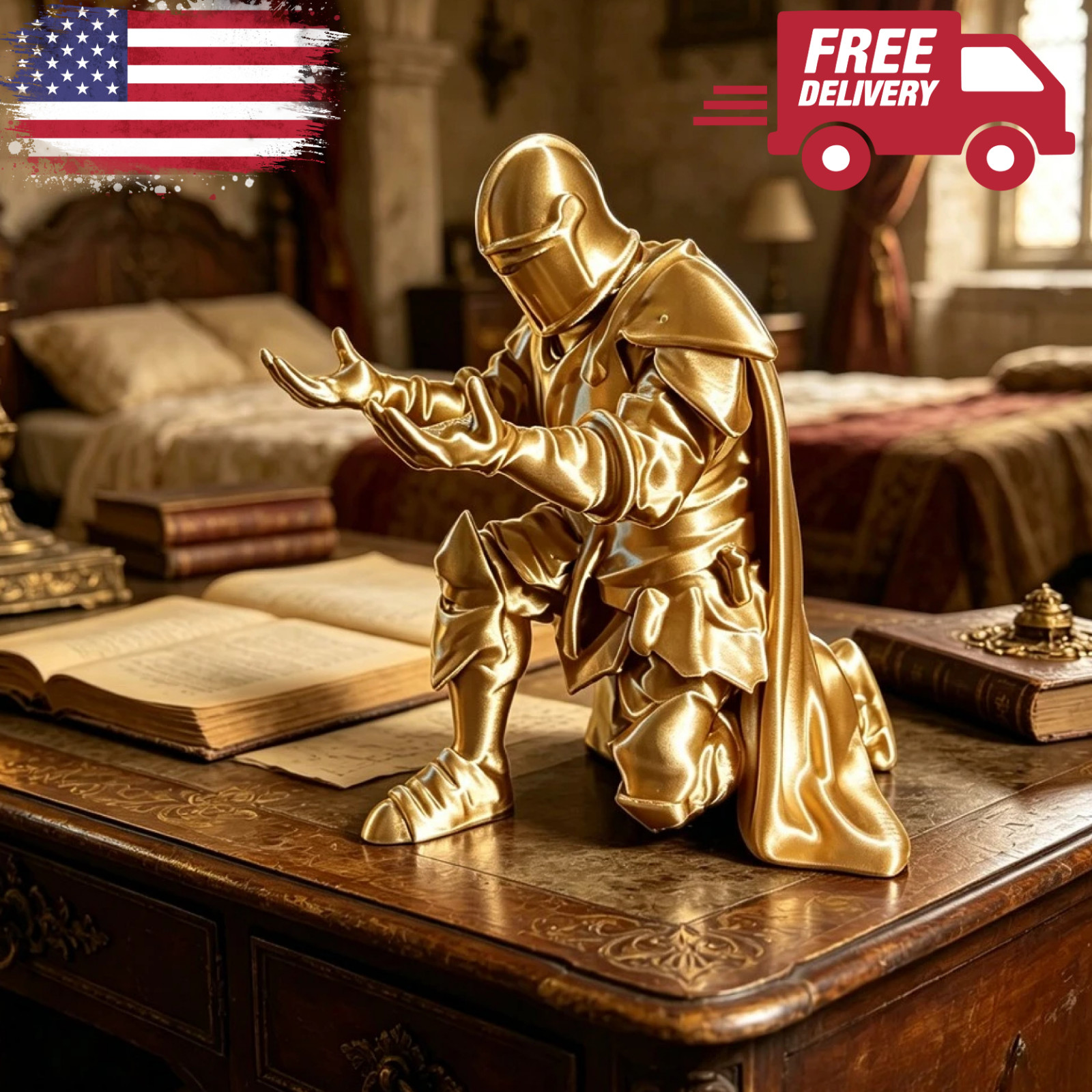 Gold Medieval Warrior Pen Holder 3D Printed Desk Organizer Knight Desk Ornament