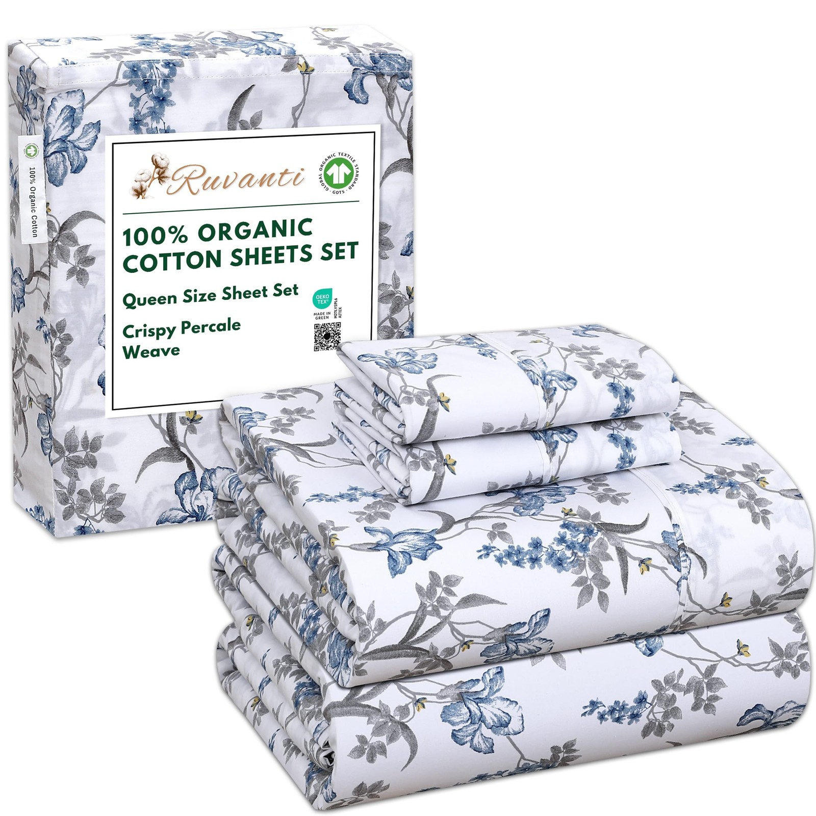 RUVANTI 100% Organic Cotton Sheets Queen Size, Percale Weave, GOTS Certified,...