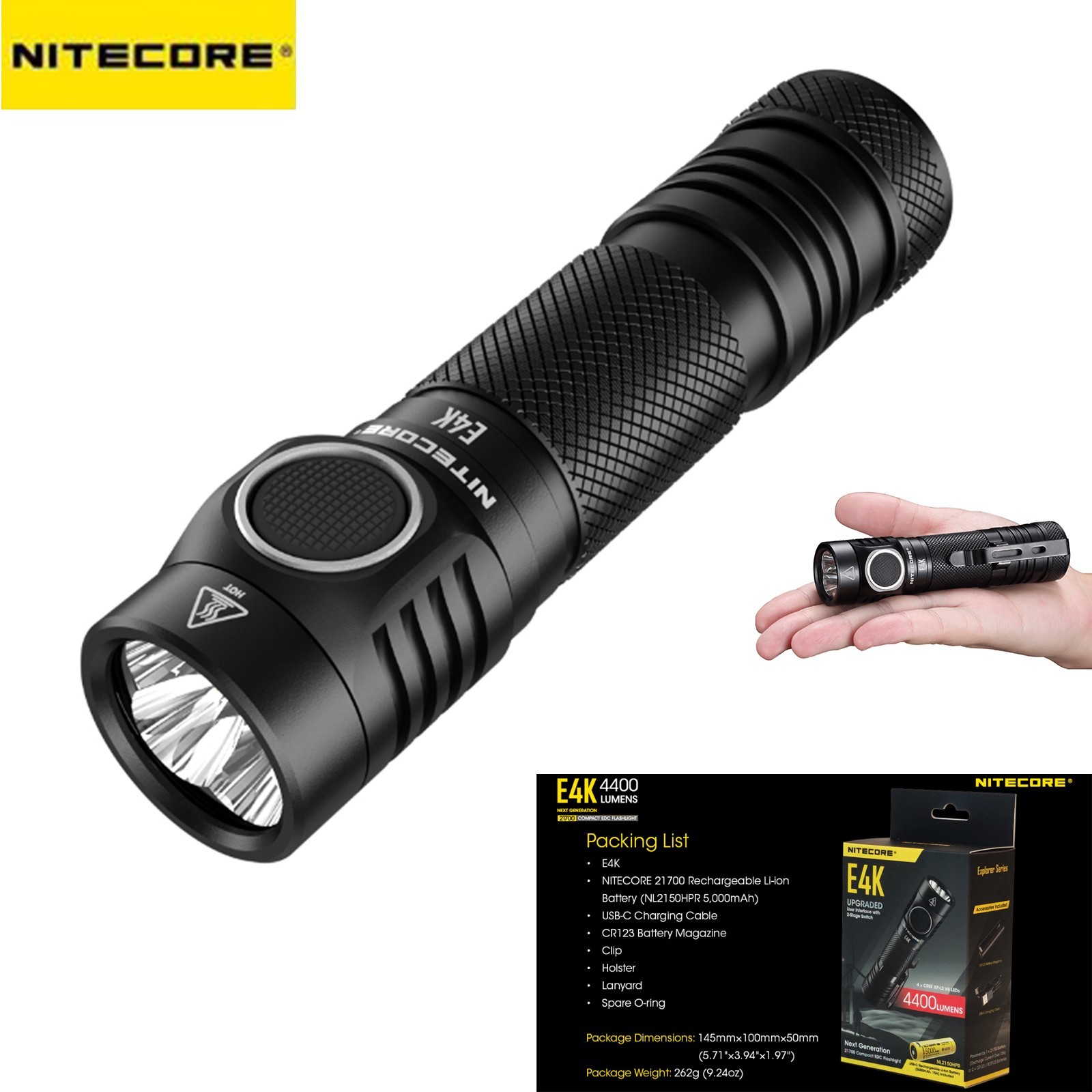 NITECORE E4K 4400 LM EDC Flashlights W/ 5000mAh USB-C Rechargeable Battery Torch