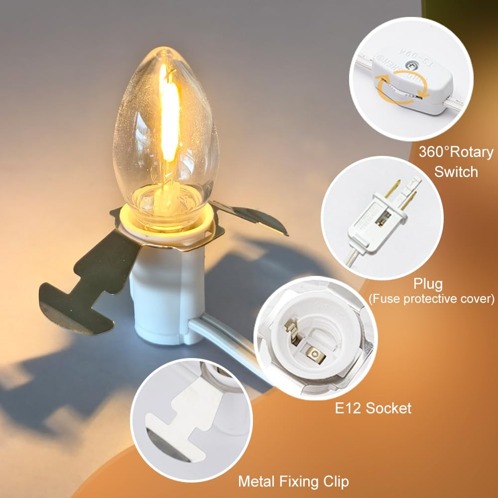 2 Pack 6Ft White Accessory Cord with C7 LED Bulbs, E12 Socket Lamp Cord with On/