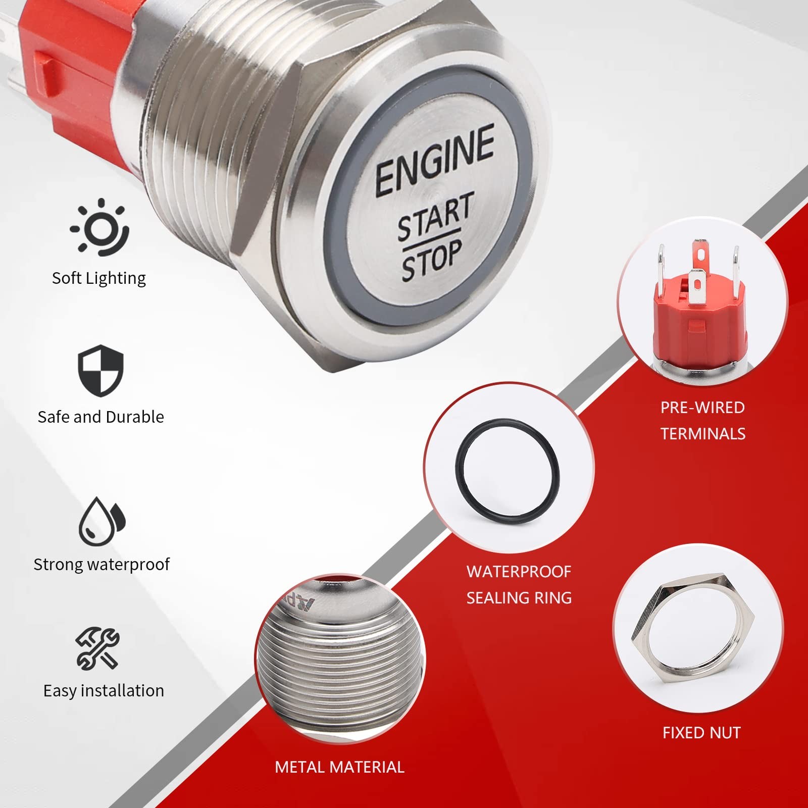 Push Start Ignition Switch, Off-(ON) Instant Engine Start Push Button Switch,...