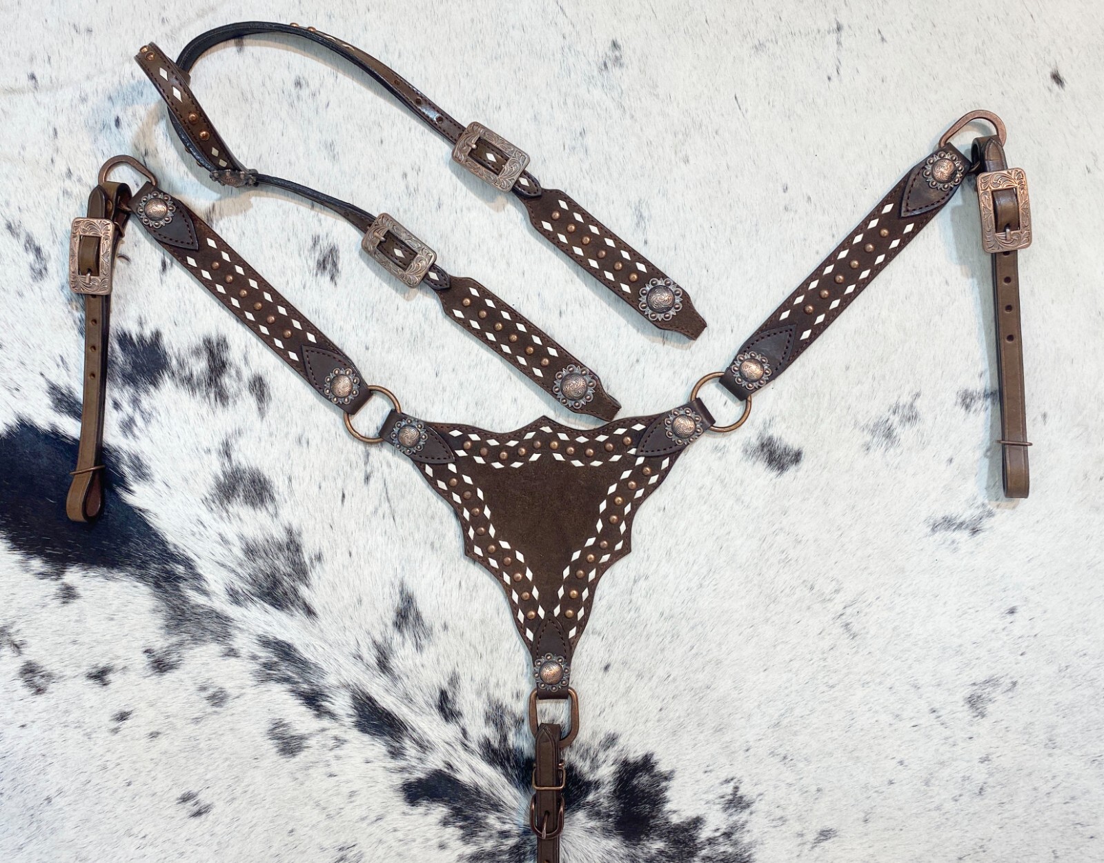 Genuine Western Headstall and Breast Collar Set with Copper Studs Décor MOUSM