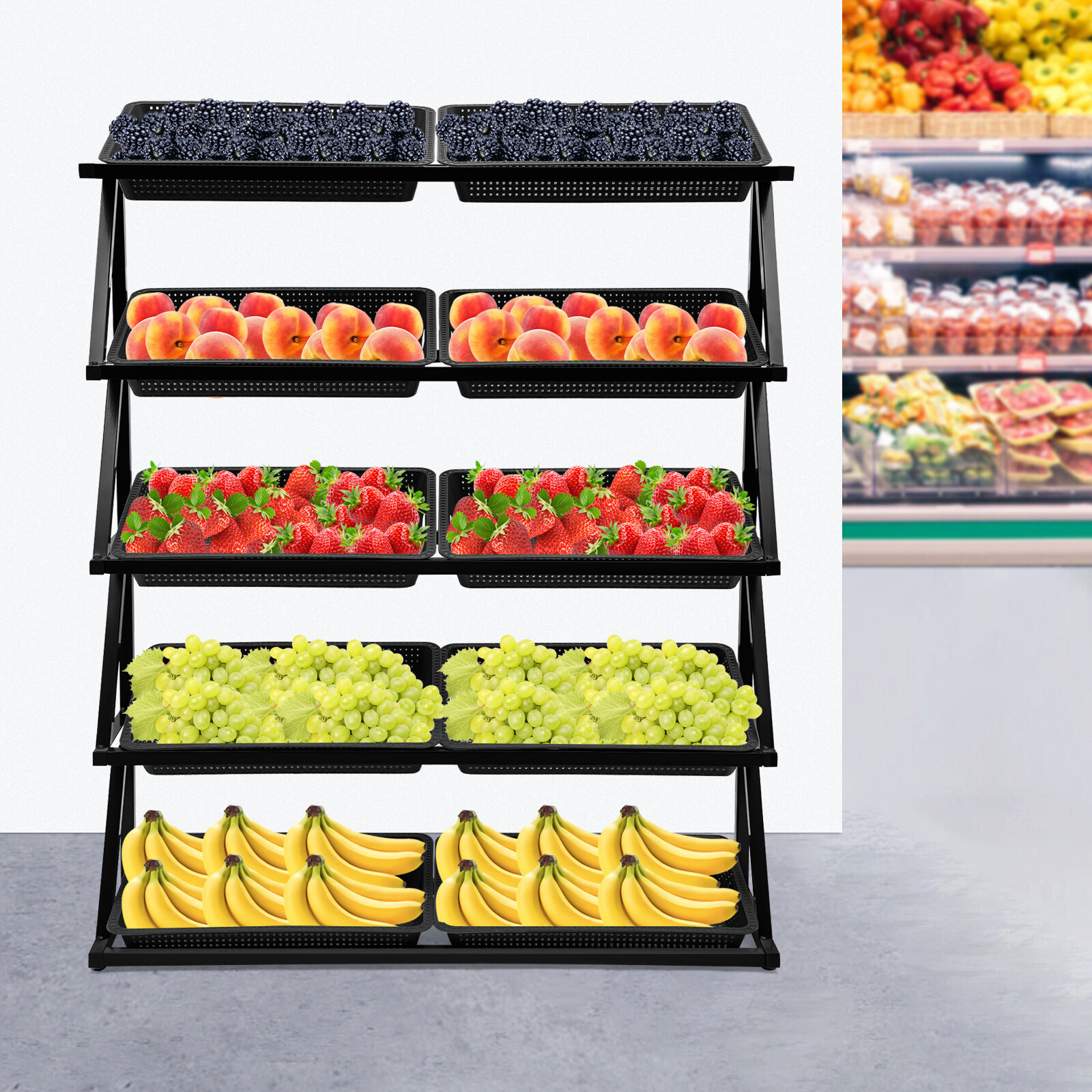 Market Retail Display Rack Shelf W/10X Merchandiser Fruit Vegetable Snack Basket