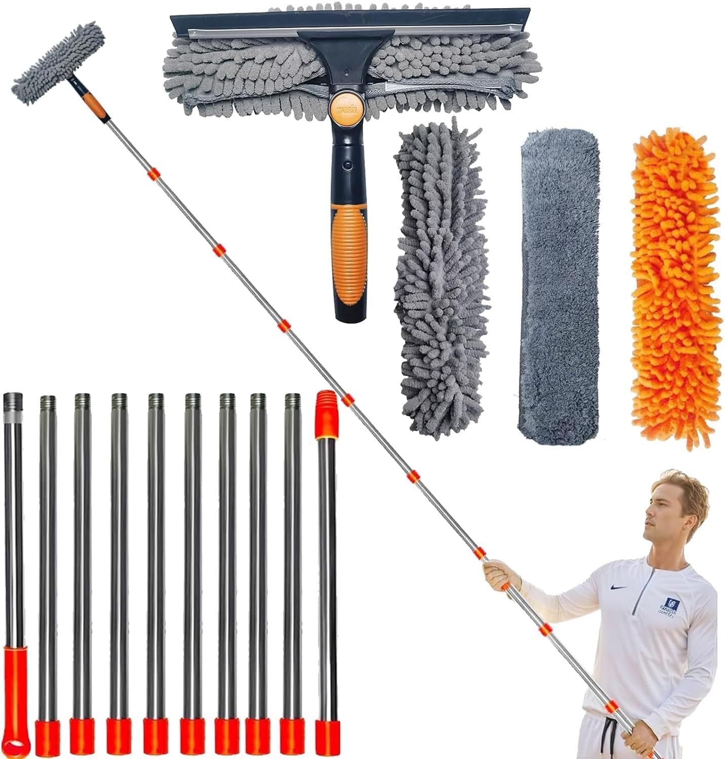 20 ft+ Reach Squeegee Window Cleaner Duster 2 in 1 Rotatable Cleaning Tool Kit