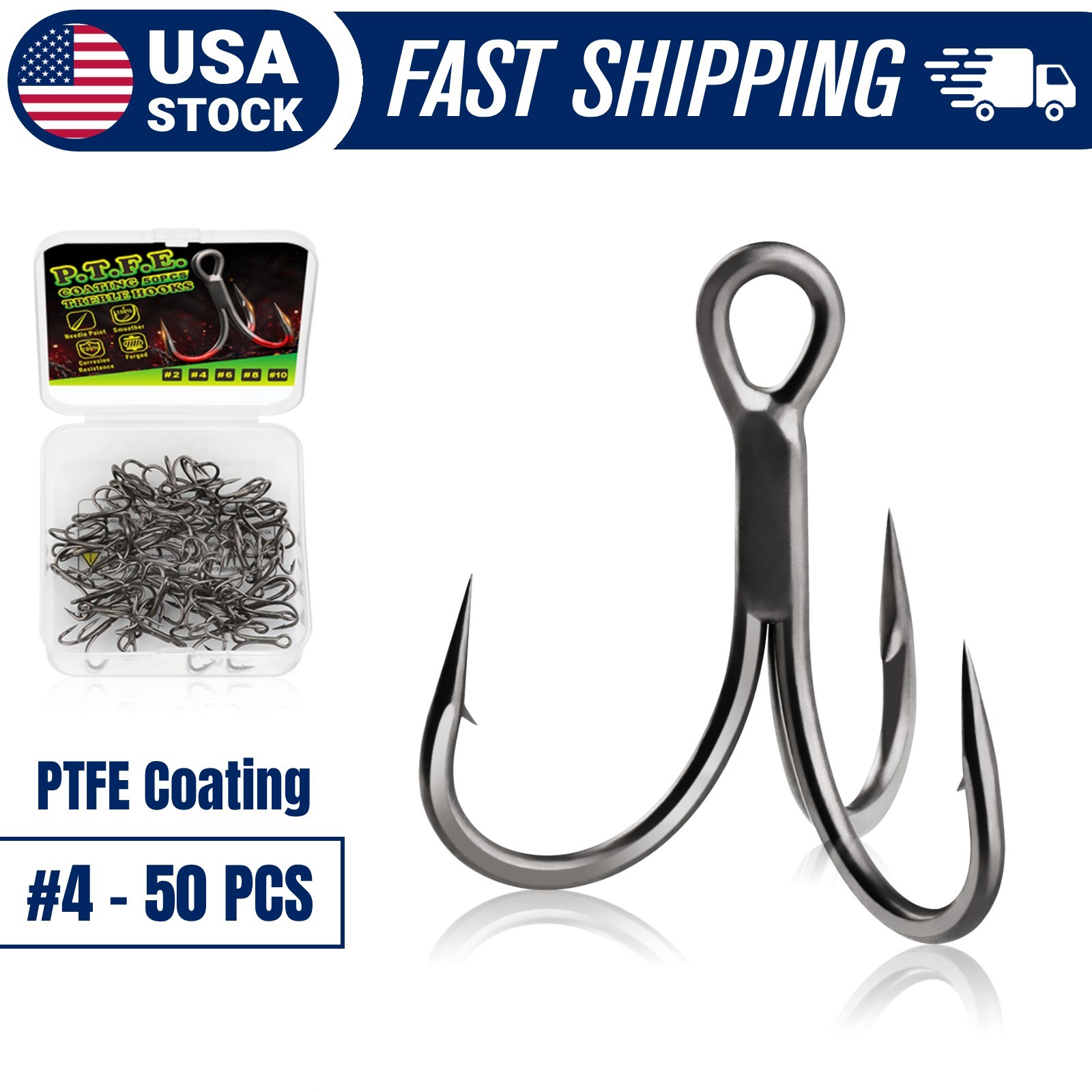 PTFE Coated Triple Hooks Size #4 Sharp Durable Fishing Hooks for Bass Pike 50PCS