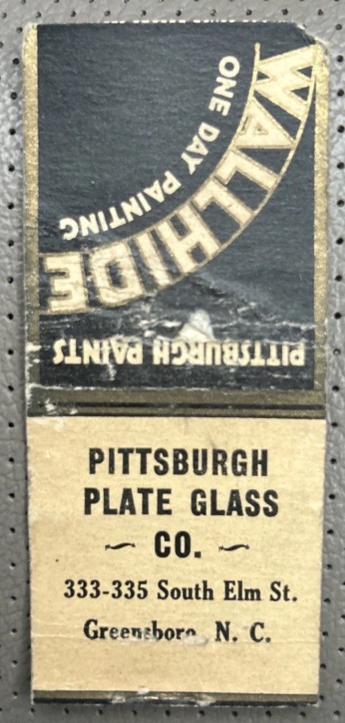 Vintage PITTSBURGH PLATE GLASS CO. Matchbook Cover, S. Elm St., Greensboro, N.C.