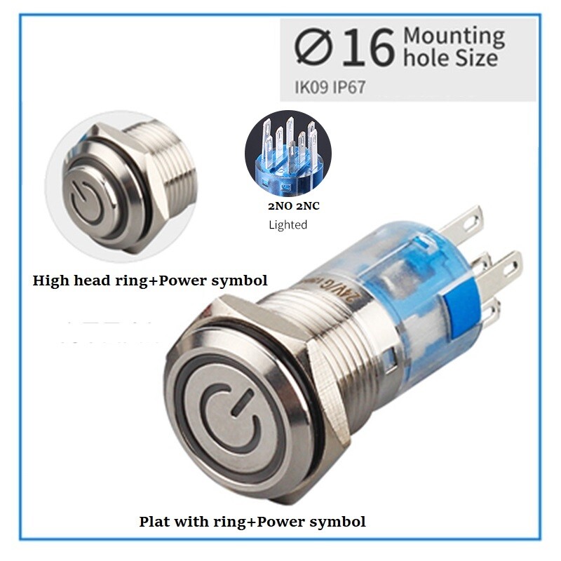 16mm 2NO2NC Power symbol LED illuminated Stainless steel Anti-vandal Push Button