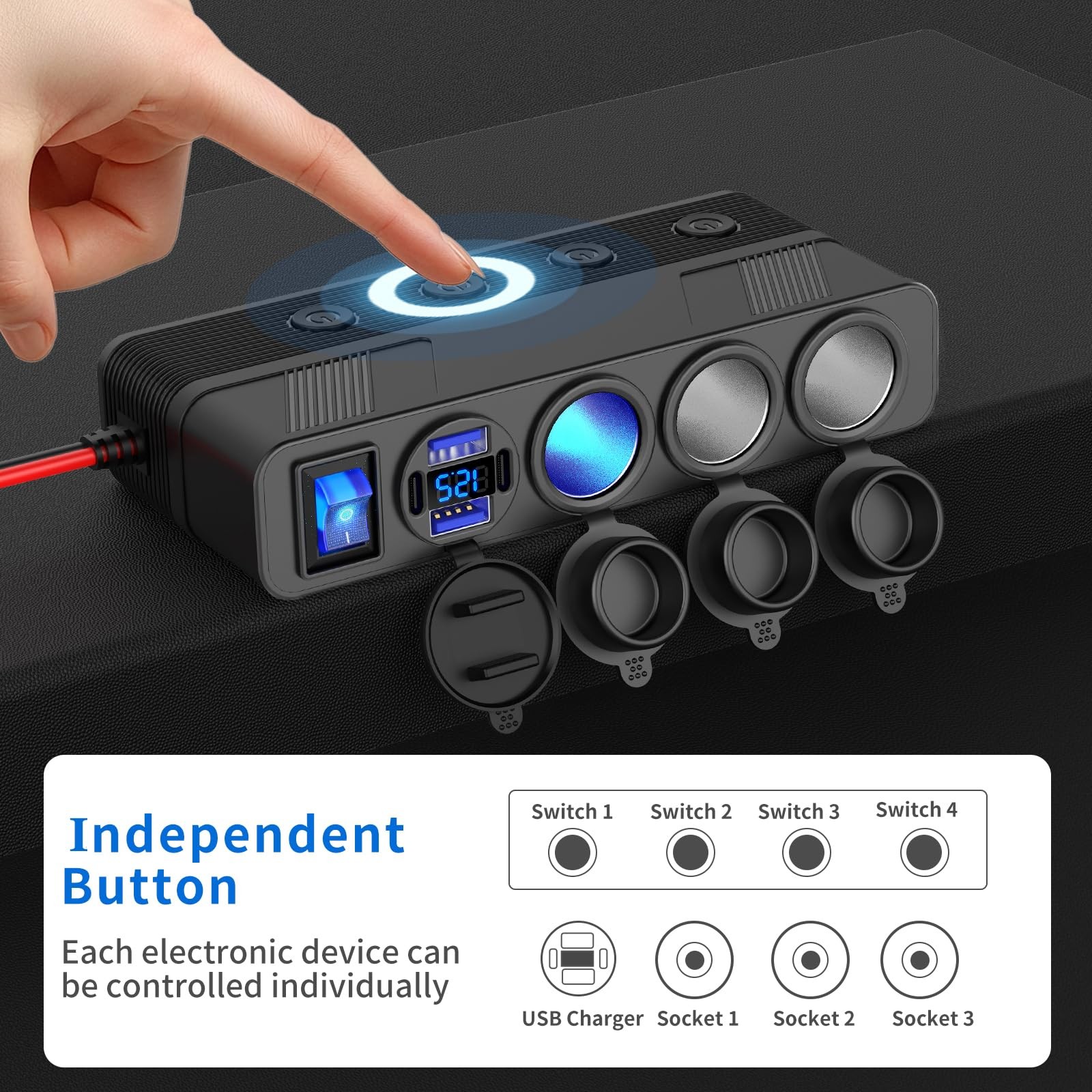 12V 24V Car Charger Socket Splitter with 10FT/3M Cable, 3 Cigarette Lighter S...