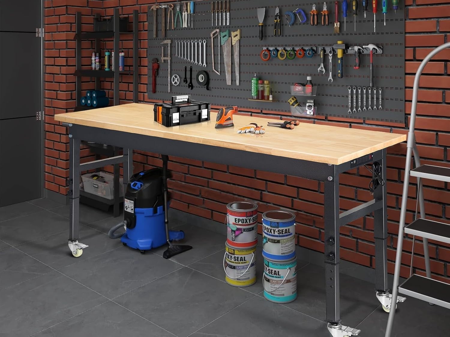 60" Adjustable Work Bench, Rubber Wood Top Workbench | Heavy-Duty Work Table wit