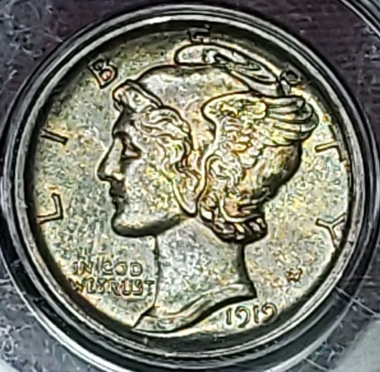 1919-P Mercury Dime, Full Split Bands, Toned Gem BU, Free Shipping