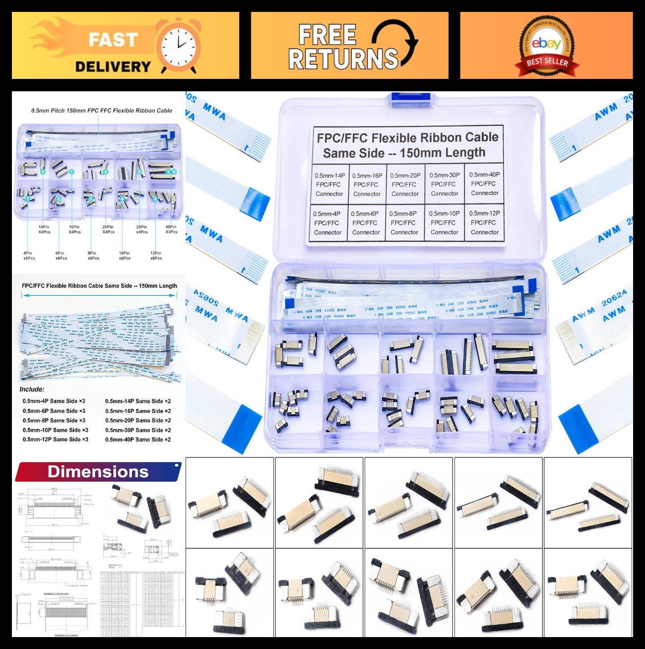Flexible Flat Cable Connectors Kit - 0.5mm FFC FPC Ribbon Sockets, 150mm Length,