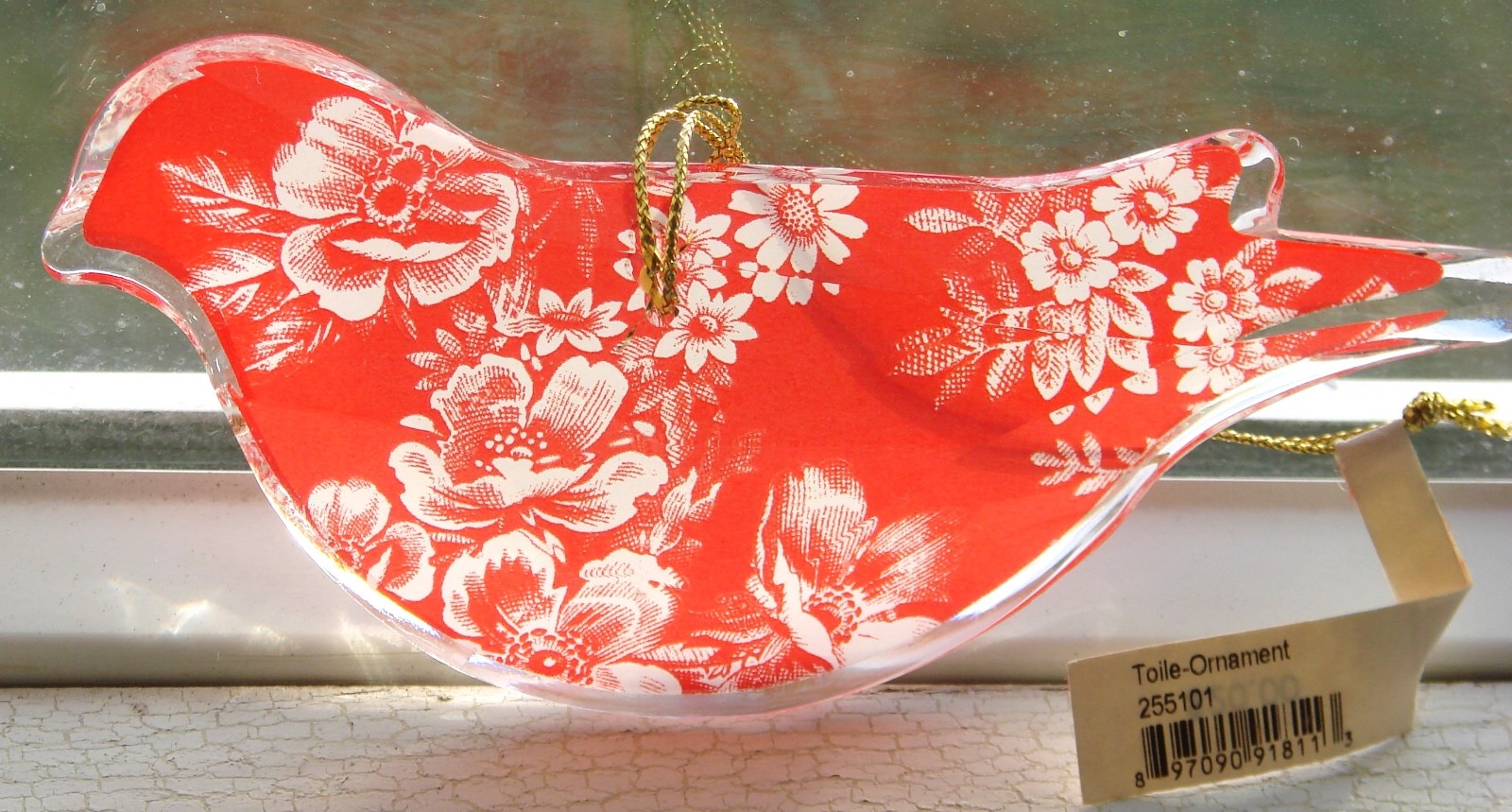 FACETED GLASS BIRD HANGING ORNAMENT RED & WHITE TOILE BACKING  5" by 2"  NWT