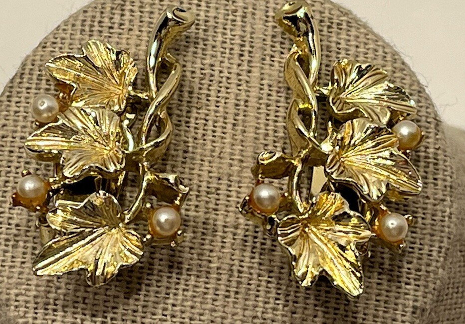Gold Tone Clip On Earrings With Leaves And Faux Pearls Unmarked